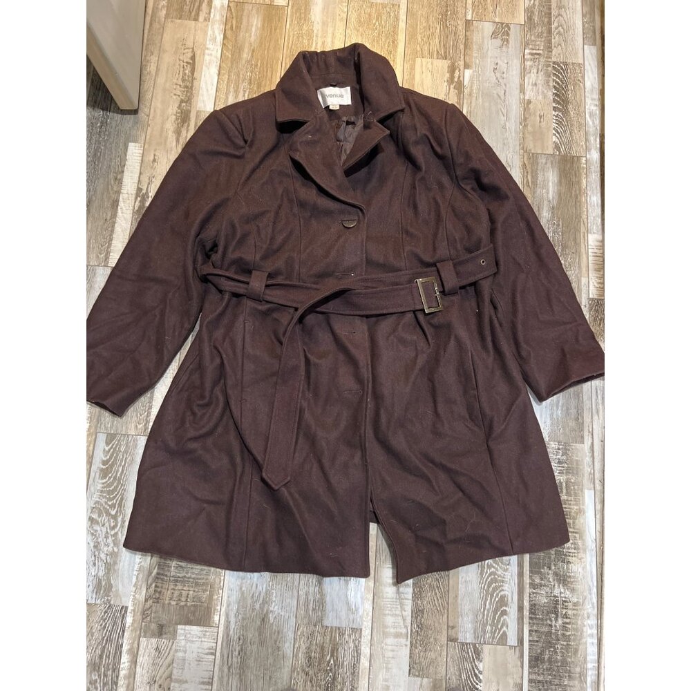 Avenue Womens Brown Belted Wool Blend Coat Size 18/20